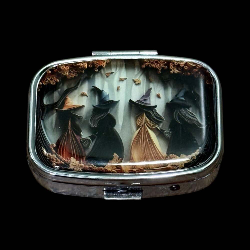 Cute Witch Gathering Portable Rectangle Metal Pill Organizer Case